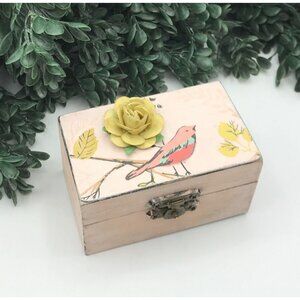 Decorative Wooden Trinket Box With Bird & Yellow Rose Design